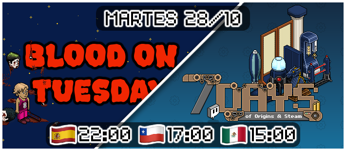 ¡Ven a la fiesta 7 DAYS OF ORIGINS &amp; STEAM en el recibidor!
Celebremos que #HabboHotelOrigins llegó a Steam 🎮
Sorteo de Rares Medianoche y despues jugaremos a Blood On Tuesday donde podrás ganar el rare de hoy.

🗓️28/10
⏰🇪🇸22:00    🇨🇱 17:00    🇲🇽 15:00

<a href="/HabboOrigins/">Habbo Hotel: Origins</a> <a href="/ESHabbo/">Habbo ES/MX</a>