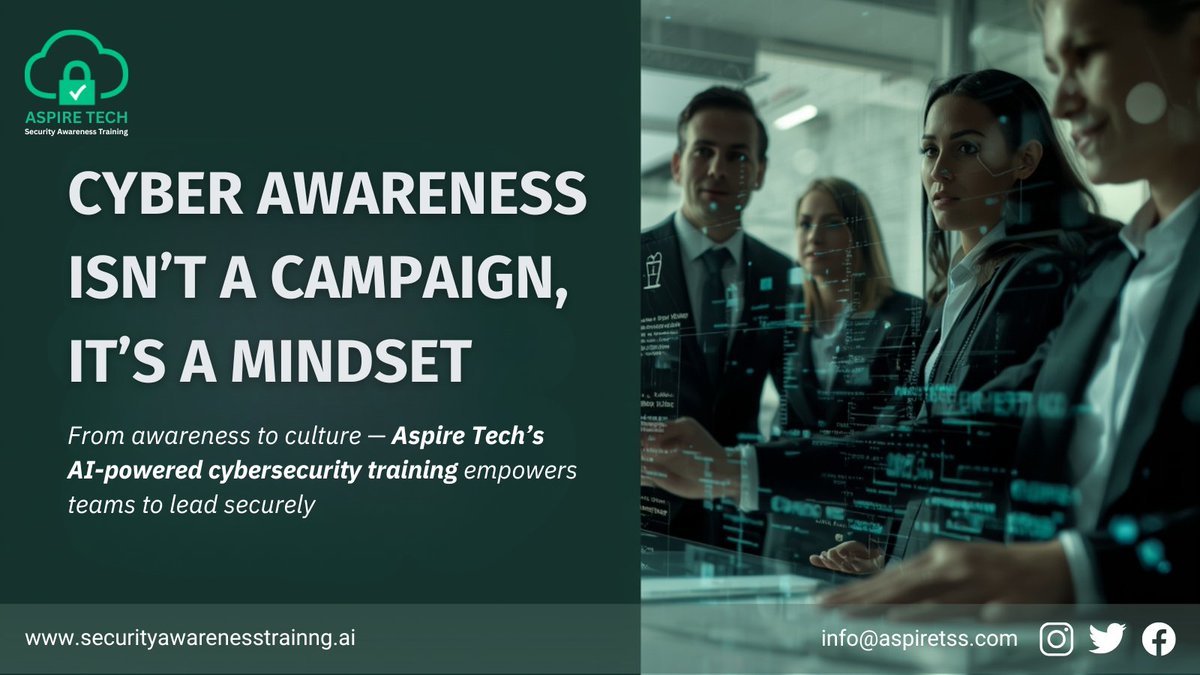 Aspire__SAT's tweet image. Awareness fades. Culture lasts
Aspire Tech helps leaders turn training into a daily defense
Download Security Awareness Free Toolkits: securityawarenesstraining.ai/resources/cybe…
#securityawarnessmonth #securityawareness #aspiretech #cybersecurity #CybersecurityAwareness
#InfoSec #NYCBusiness