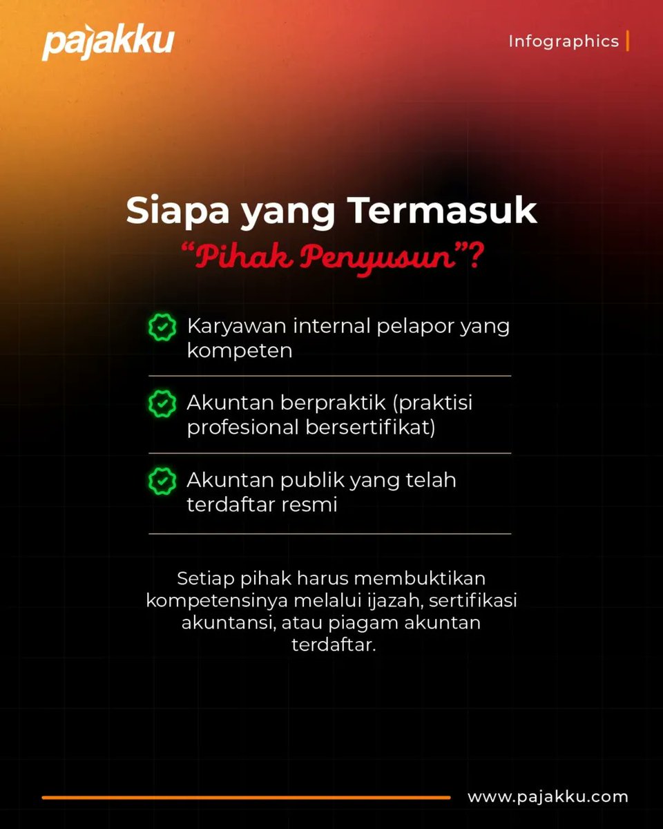ferizandra's tweet photo. Laporan Keuangan kini wajib disusun oleh profesional... resmi diatur lewat Peraturan Pemerintah (PP) 43/2025...

Tujuannya untuk menstandarkan laporan, memperkuat integritas, dan membangun platform bersama pelaporan keuangan (PBPK)...

Dalam aturan tsb diatur bahwa kini laporan keuangan bukan sekedar administrasi, tapi turut menjadi dokumen strategis lintas otoritas, dari DJP, OJK, hingga Kementerian Keuangan...

PP 43/2025 secara tegas mewajibkan agar laporan keuangan cuman disusun oleh pihak yang memiliki :

• Kompetensi formal
• Sertifikasi profesi akuntansi 
• Integritas dan rekam jejak baik

Gak cuman berlaku untuk akuntan publik, tapi juga karyawan internal perusahaan...

Siapa yang termasuk "pihak penyusun"...?

• Karyawan internal pelapor yang kompeten
• Akuntan berpraktik (bersertifikat)
• Akuntan publik yang udah terdaftar resmi 

PP 43/2025 memperkenalkan sistem baru : Platform Bersama Pelaporan Keuangan (PBPK) yang akan menjadi kanal tunggal yang digunakan seluruh pelapor dalam menyampaikan laporan keuangan serta terhubung langsung dengan DJP, OJK, dan otoritas lain...

Implikasi nyata bagi perusahaan :

• Sistem internal pelaporan keuangan harus diintegrasikan ke PBPK
• Potensi audit dan cross-check antar instansi akan semakin tinggi 
• Standar pelaporan harus disesuaikan dan dijaga kualitasnya 
• Tim pelapor wajib memiliki kompetensi yang dibuktikan

Next... ==>