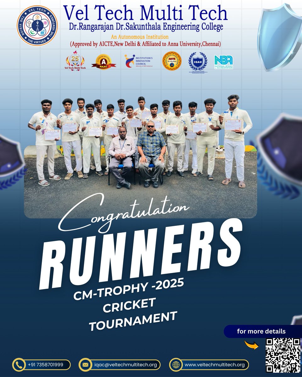 VelMultitech99's tweet image. 🏏 Proud moment! Our Vel Tech Multi Tech Men’s Cricket Team clinched the Runner-Up title in the District-Level CM Trophy 2025, competing among 45+ colleges! 🏆
Organized by SDAT &amp;amp; TNOA, the team also bagged a ₹30,000 cash prize! 💪🔥
#VelTechMultiTech #CMTrophy2025 #Cricket