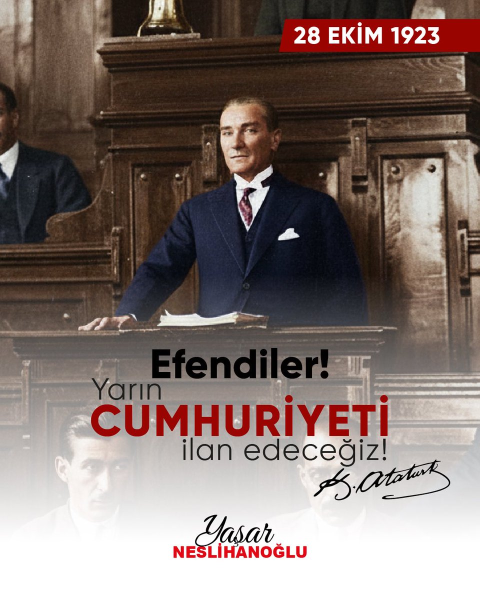 “Efendiler, yarın Cumhuriyeti ilan edeceğiz.”
— Gazi Mustafa Kemal Atatürk

Bir milletin kaderini değiştiren o kararlı söz…
Karanlıktan aydınlığa, esaretten özgürlüğe atılan ilk adım.