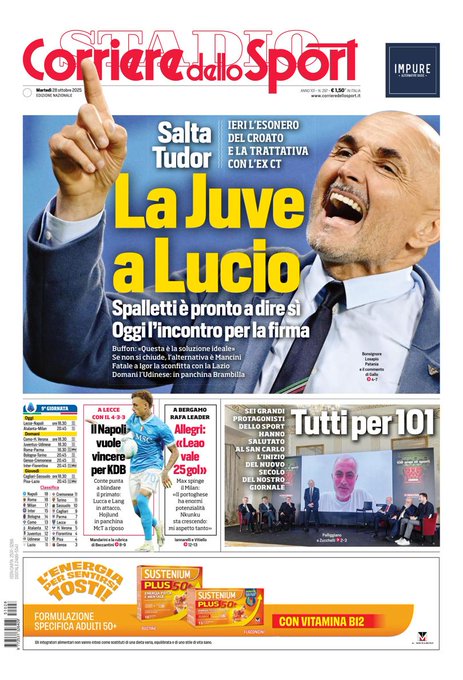Newspaper front page titled Corriere dello Sport with bold red header and Italian flag elements main headline La Juve a Lucio showing coach Spalletti smiling in suit raising hand smaller sections on Tudor sacking Buffon quote and alternatives like Mancini photos of Juventus coach Tudor smiling in suit Spalletti in formal attire player images including a man in blue jersey celebrating goal stats tables for teams like Napoli with 4-3-3 formation mentions Udinese coach Brambilla bottom section Tutti per 101 with six sports figures at San Carlo event ads for sports supplements like Tenovis Plus