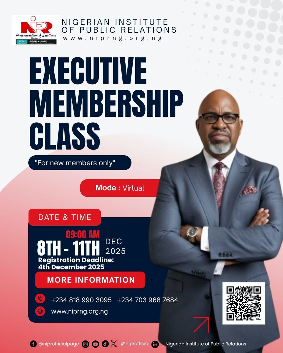 niprofficial's tweet image. Another opportunity to join NIPR through the Executive Membership Class for people  who don&apos;t have Mass Communication or Public Relations as their first degrees but are performing public relations functions in their places of work.
Start your application
portal.niprng.org.ng/member/register