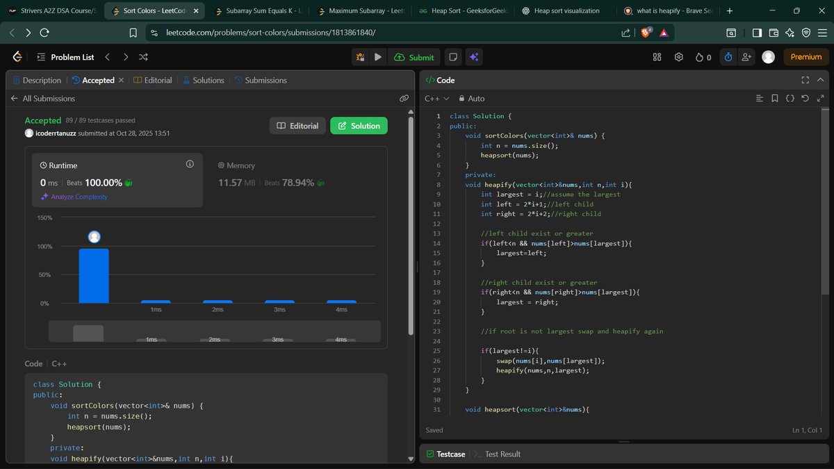 icodertanuz1's tweet image. 💻 Day 6 of #100DaysOfCode
Solved the Sort Colors problem in C++ 🎨
Thanks to @CoderArmy and Rohit Negi Bhaiya 🙌
#100DaysOfCode #DSA #Cplusplus #CodingJourney