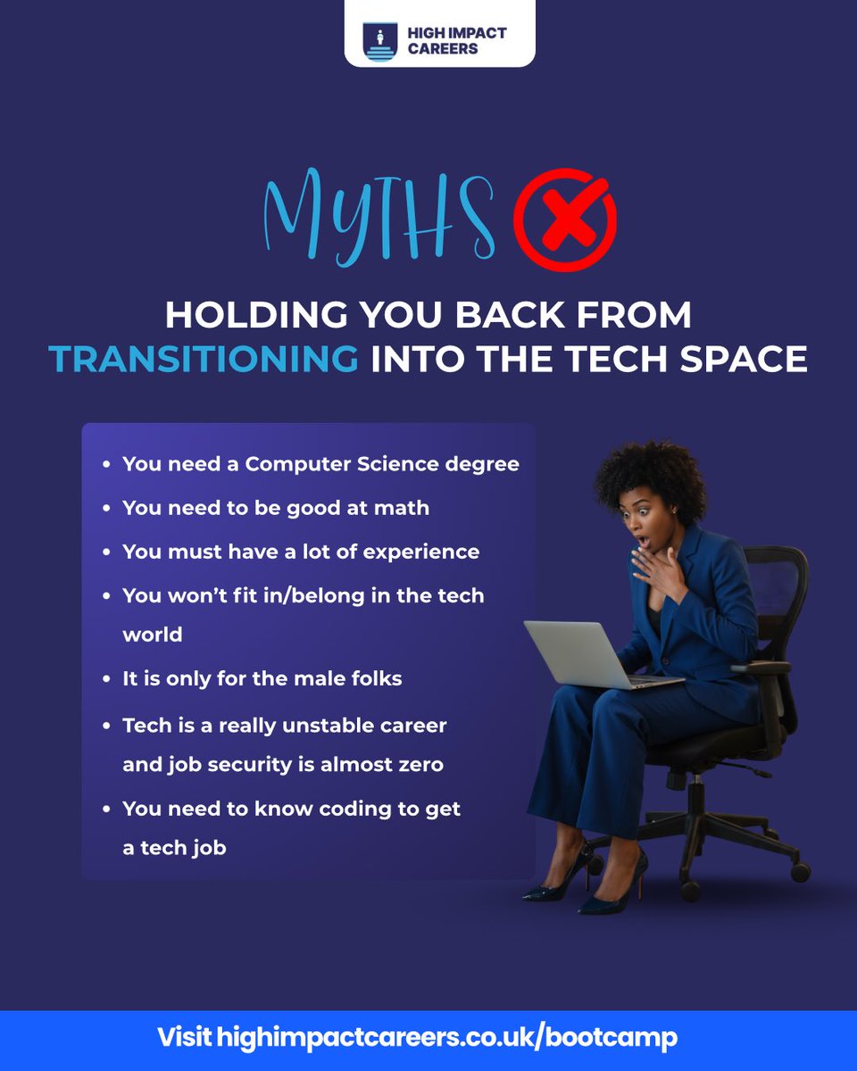 HighImpact01's tweet image. Don’t let myths stop you from entering tech!
You don’t need coding skills or a tech degree to start.
Join the movement breaking barriers!
#HighImpactCareers #TechRevolution #NoMoreMyths