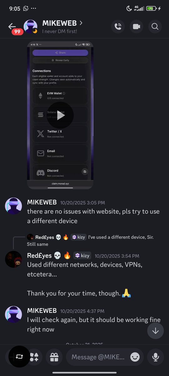 redhize00's tweet image. Hate to be the bearer of sad news, BUT WE NEED YOUR HELP @intern @billmondays @mikeinweb @keoneHD @monad @_jhunsaker @cryptunez @be_kindplss @zayn4pf @berzanorg.

Some of us can no longer connect our discord to access the monad claim site with our main wallet/account which our