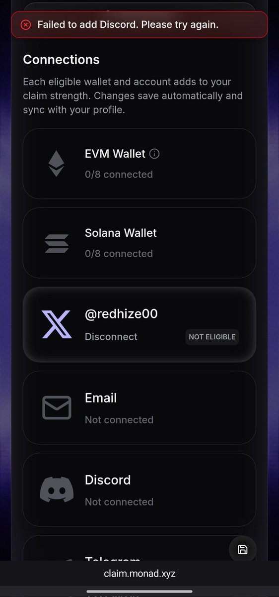 redhize00's tweet image. Hate to be the bearer of sad news, BUT WE NEED YOUR HELP @intern @billmondays @mikeinweb @keoneHD @monad @_jhunsaker @cryptunez @be_kindplss @zayn4pf @berzanorg.

Some of us can no longer connect our discord to access the monad claim site with our main wallet/account which our