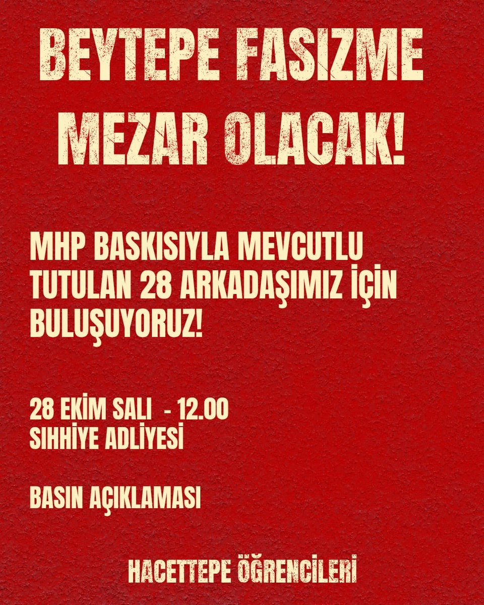 📢DAYANIŞMA ÇAĞRISI
⏰12.00
📍Sıhhiye Adliyesi

Hacettepe öğrencileri olarak dünki faşist saldırıdan sonra gözaltına alınıp mevcutlu tutulan 28 arkadaşımız için Sıhhiye Adliyesi önünde buluşuyoruz!