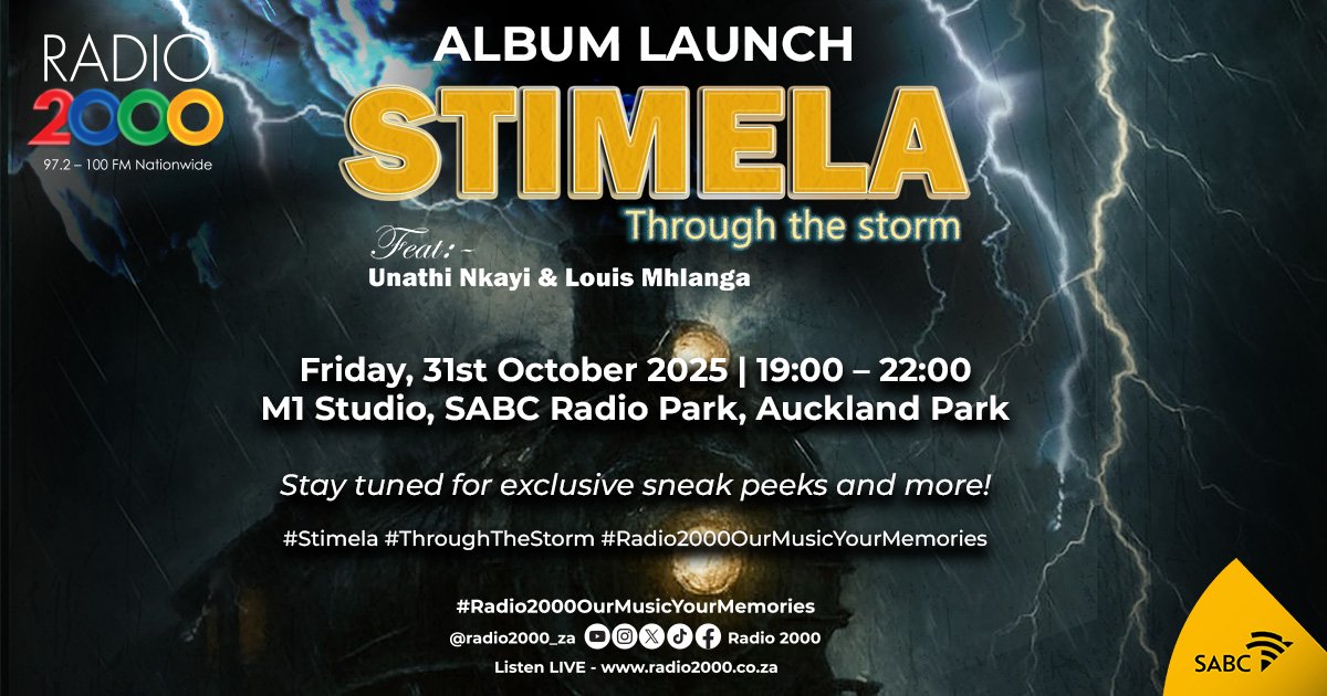 Radio 2000 (@radio2000_za) on Twitter photo Witness greatness as Stimela will be launching their album "Through the storm" Friday, 31 October 2025 live at M1 Studio, SABC Radio Park, Auckland Park. 
#StimelaAlbumLaunch
#Radio2000
#OurMusicYourMemories Witness greatness as Stimela will be launching their album "Through the storm" Friday, 31 October 2025 live at M1 Studio, SABC Radio Park, Auckland Park. 
#StimelaAlbumLaunch
#Radio2000
#OurMusicYourMemories