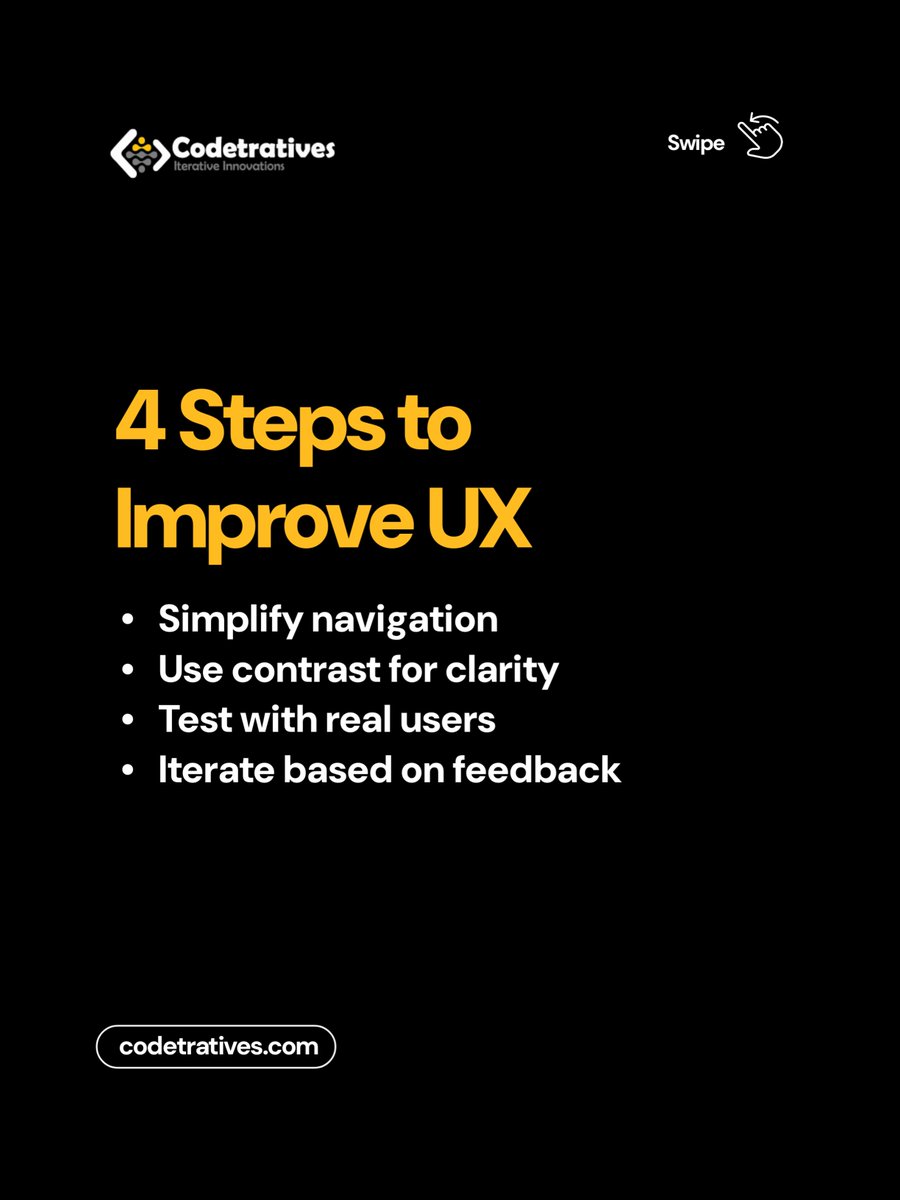 codetratives's tweet image. #TechTipTuesday
A clean UI is good.
An iterated UI is great.
Try these 4 steps to improve UX this week 👇
1️⃣ Simplify navigation.
2️⃣ Use contrast for clarity.
3️⃣ Test with real users.
4️⃣ Iterate based on feedback.

#Codetrative #UXDesign #AppDevelopment #IterateToInnovate