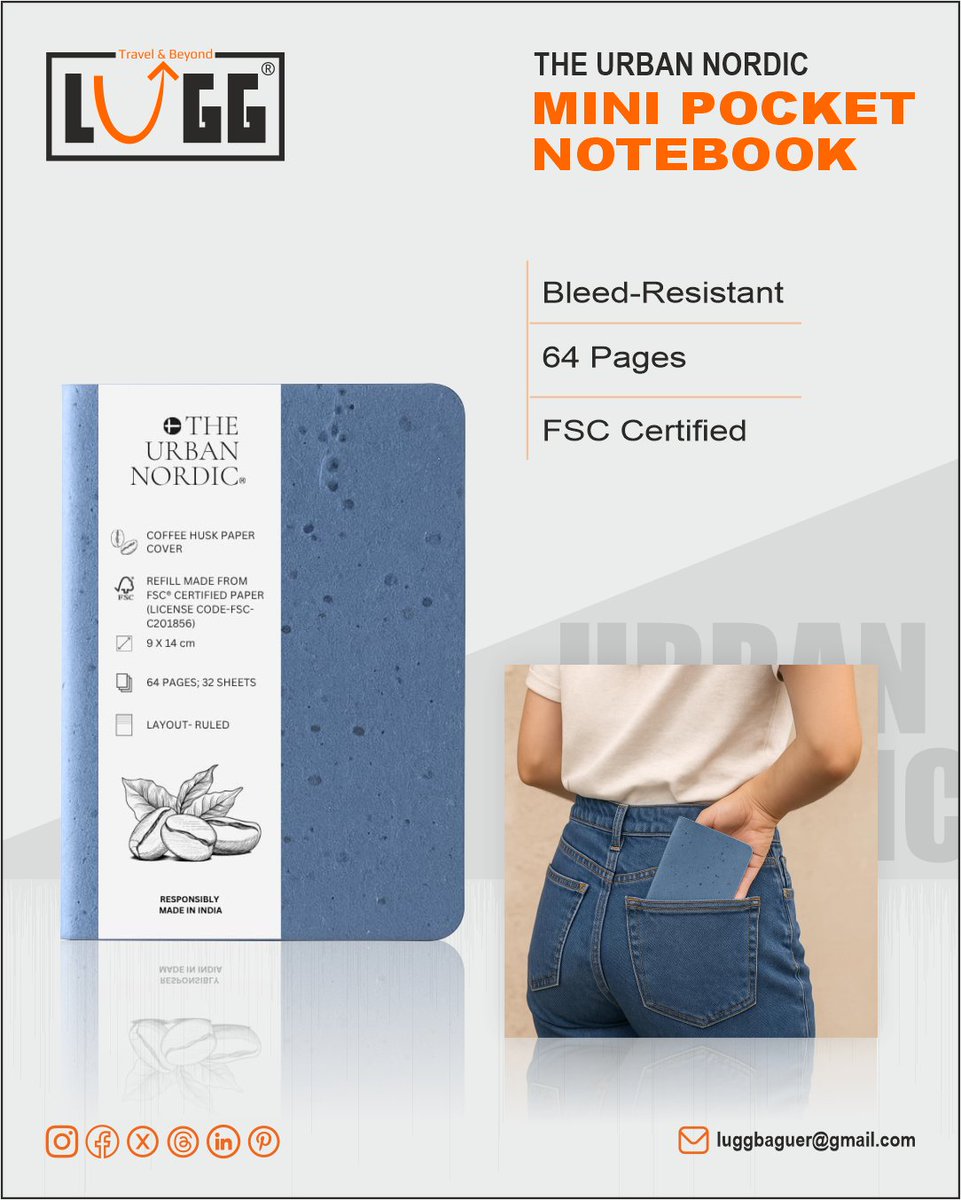 LuggBags's tweet image. Carry inspiration in your pocket with The Urban Nordic Mini Pocket Notebook by LUGG bleed-resistant, FSC-certified.
#LUGG #UrbanNordic #PocketNotebook #EcoStationery #FSCcertified #BleedResistant #CoffeeHuskPaper #MadeInIndia #GreenOffice #NoteYourIdeas #TrendingNow #sustainable