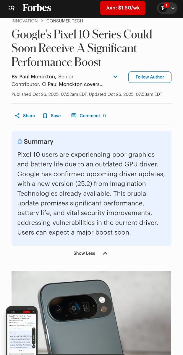 NilsLiveTech's tweet image. The Pixel 10 could soon receive a significant boost in performance, and potentially battery life, thanks to an upcoming graphics driver upgrade.

 share.google/XZJGT52qXUXAub…