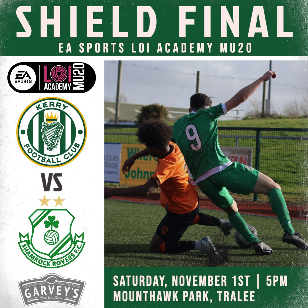 KerryFC's tweet photo. Our MU20s are in the EA Sports LOI Academy MU20 Shield Final this Saturday evening, and we have home advantage!

Shamrock Rovers are the visitors to Mounthawk Park for a 5 pm kick-off!

Entry to the final is just €5. Please show your support this Saturday evening!

#WeAreKerryFC https://t.co/a7OygyfWKL