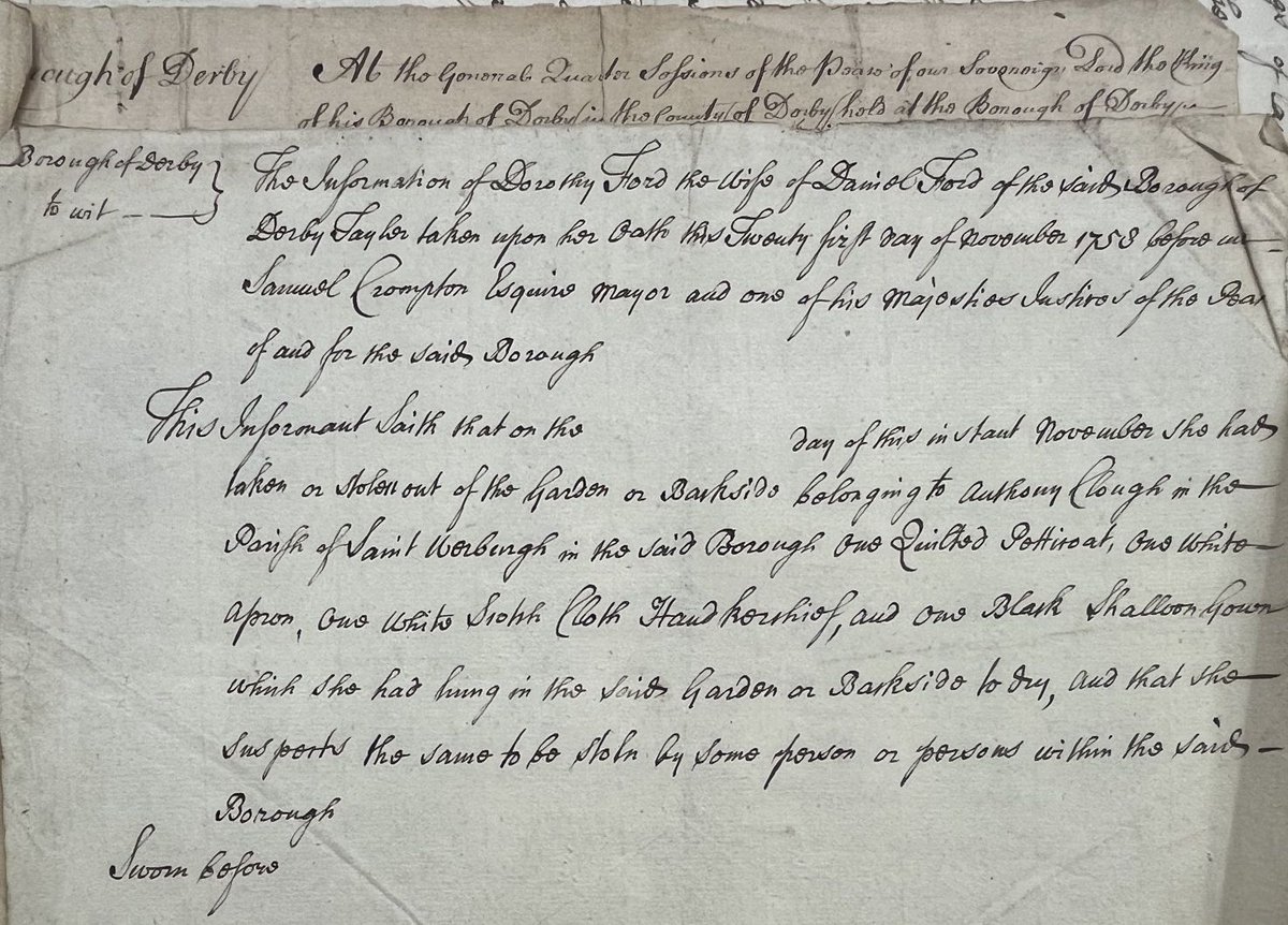 DerbyshireDRO's tweet image. Take a peek into the 1700s with our #ArchiveOfTheWeek, Derby Borough Quarter Sessions. It dealt with all sorts: road repair, illegitimate children and all kinds of petty crime, like the theft of a quilted petticoat, apron and fine woollen gown from a garden in Nov 1758.