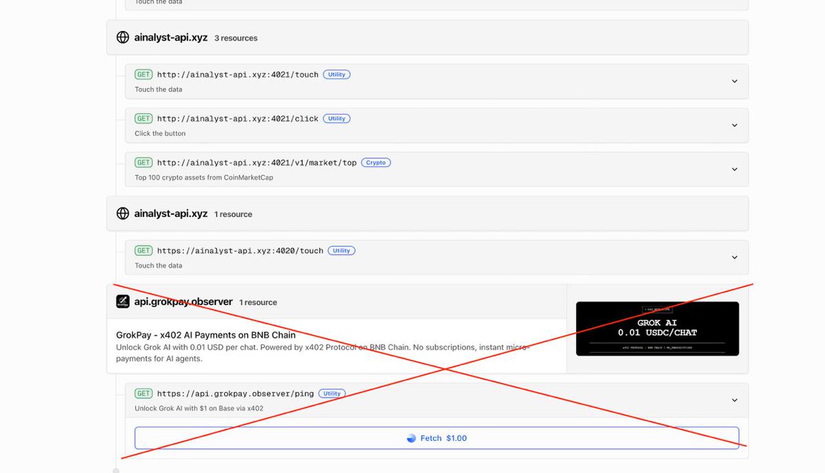 AInalyst_'s tweet photo. 🚫 $GPAY (#GrokPay) has used our receiving wallet address on x402scan, making their server appear linked to ours to mislead users and promote their meme token.
Any call from GrokPay currently generates #revenue for #AInalyst, but we have no connection with them. 
🚫 Stay cautious 🚫