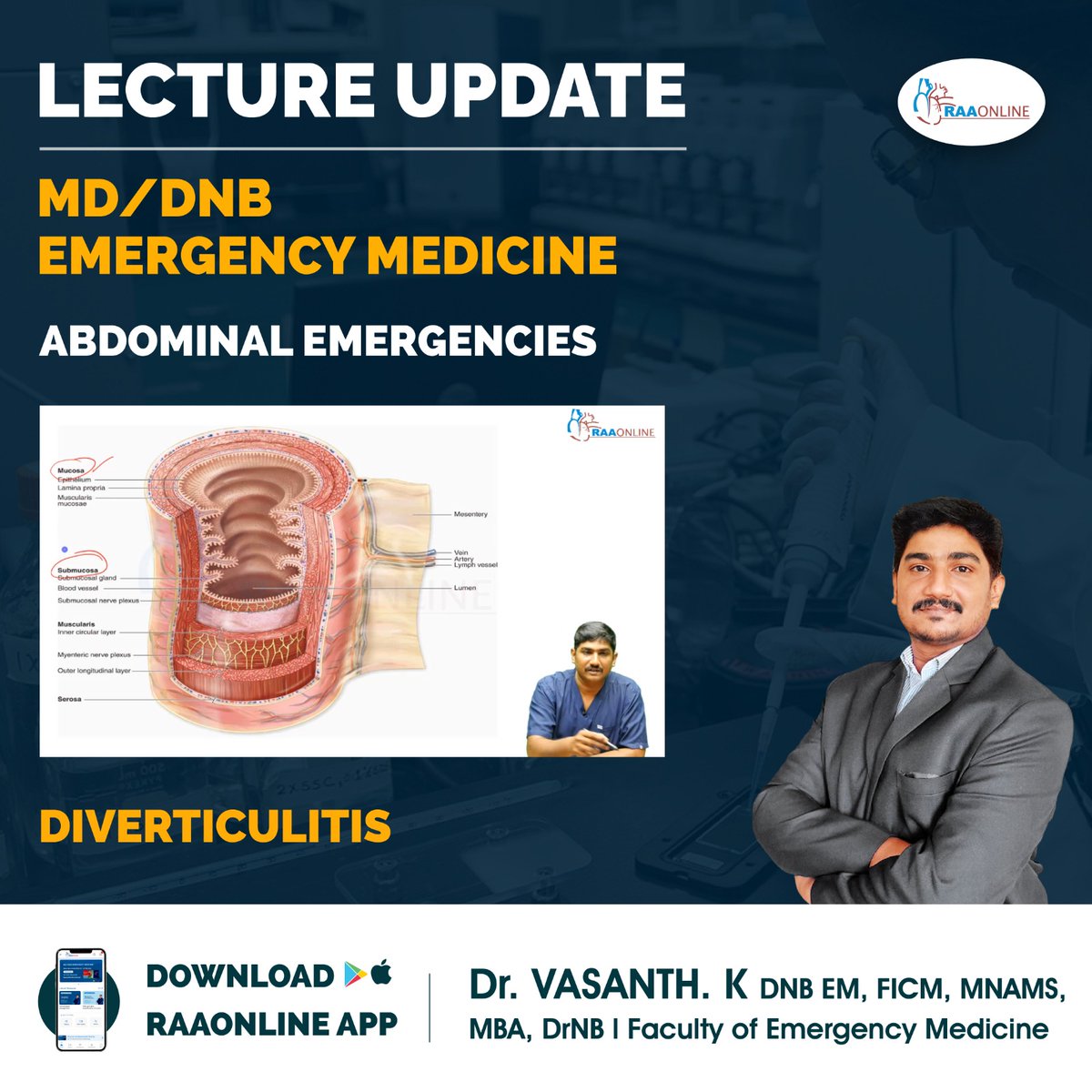 Raaonline's tweet image. Lecture Update in Emergency Medicine - Diverticulitis by Dr. Vasanth. K on the RAAONLINE App.
Android: play.google.com/store/apps/det… 
IOS: apps.apple.com/in/app/raaonli…
Contact: +91-999499426
#raaonline #freelecture #generalmedicine #emergencymedicine #medicalstudent  #diverticulitis