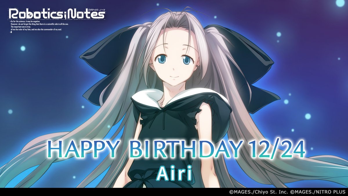 kagakuadv's tweet photo. 🎉━━━━━━━━━━━━🎊

　　🎂HAPPY BIRTHDAY🎂 

🎊━━━━━━━━━━━━🎉

今日12月24日は……
『ROBOTICS;NOTES』に登場する
 #愛理(CV:#釘宮理恵)の誕生日です🎉
お誕生日おめでとう✨

#ロボノ
#ロボティクス・ノーツ

https://t.co/1sgjsHs3bW https://t.co/IpIujrsh7G