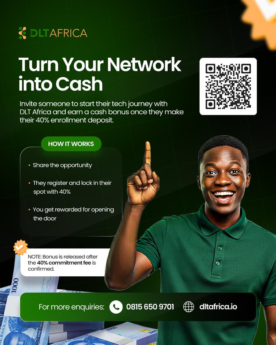 dlt_africa's tweet image. Have a friend who’s been dreaming about a tech career? You could turn their dream into your reward.

At DLT Africa, our Refer &amp;amp; Earn program just made tech + community more powerful together. Here’s how it works:

- Share the opportunity with someone who’s ready to leanr/build.
-…