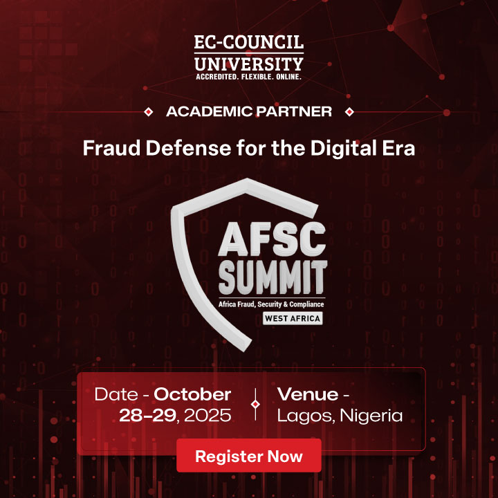 EC_Council_Univ's tweet image. EC-Council University joins the Africa Fraud, Security &amp;amp; Compliance Summit 2025 – West Africa as the Academic Partner, taking place October 28–29, 2025, in Lagos, Nigeria.

Register now: biiafsc.com/register/

#AFSCSummit #WestAfrica #CybersecurityEvents #Cybersecurity