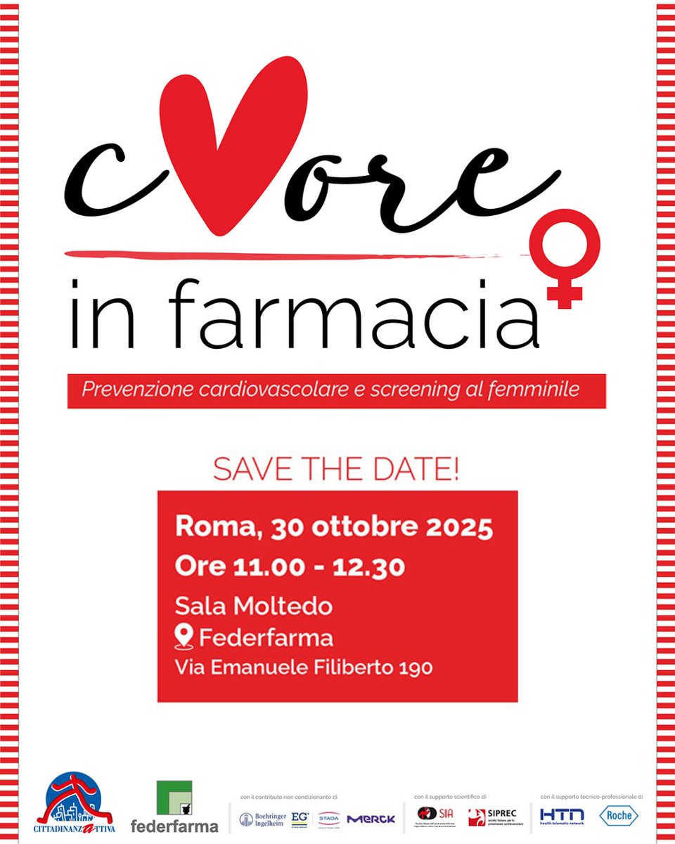 Presentazione dei risultati della seconda edizione della campagna #Cuoreinfarmacia <a href="/Cittadinanzatti/">Cittadinanzattiva APS</a> sulla prevenzione cardiovascolare femminile.
📅 30 ottobre | 11:00 – 12:30
Roma, Via Emanuele Filiberto 190
Informazioni su come partecipare al link
cittadinanzattiva.it/notizie/17382-…