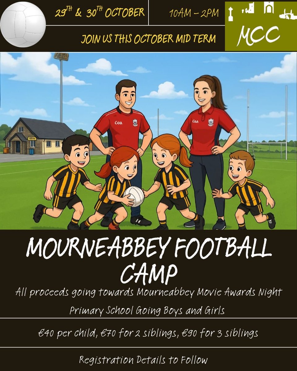 Mourneabbey midterm camp please drop kids to the hall. Please walk them in as some people need to fill in forms/ make payment. Kids will need boots, runners, a raincoat, gum shield and lunch. Any questions contact Meabh 0857275780.⁦<a href="/mourneabbeycomm/">Mourneabbey Community Council</a>⁩⁦<a href="/MourneabbeyLFC/">Mourneabbey LFC</a>⁩