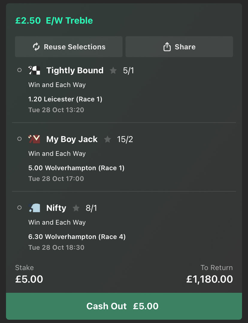 OnlyBooms1's tweet image. If this wins I’m giving away £100 to 4 people who like this post.

E/W singles too 👀💰