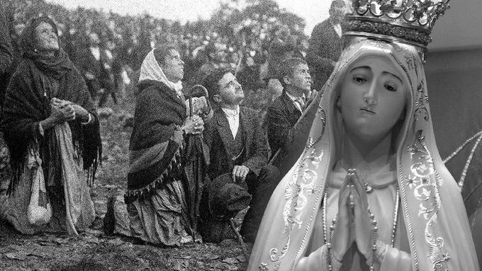 First image shows a group of musicians including violinists, cellists, and brass players on stage performing energetically with a female singer in a white dress holding a microphone and gesturing expressively amid bright lighting and audience presence. Second image is a black-and-white historical photograph of a crowd of people mostly women in traditional shawls and men in suits kneeling in prayer around a statue of the Virgin Mary wearing a crown and white robe with hands clasped in devotion set in an outdoor rural area.