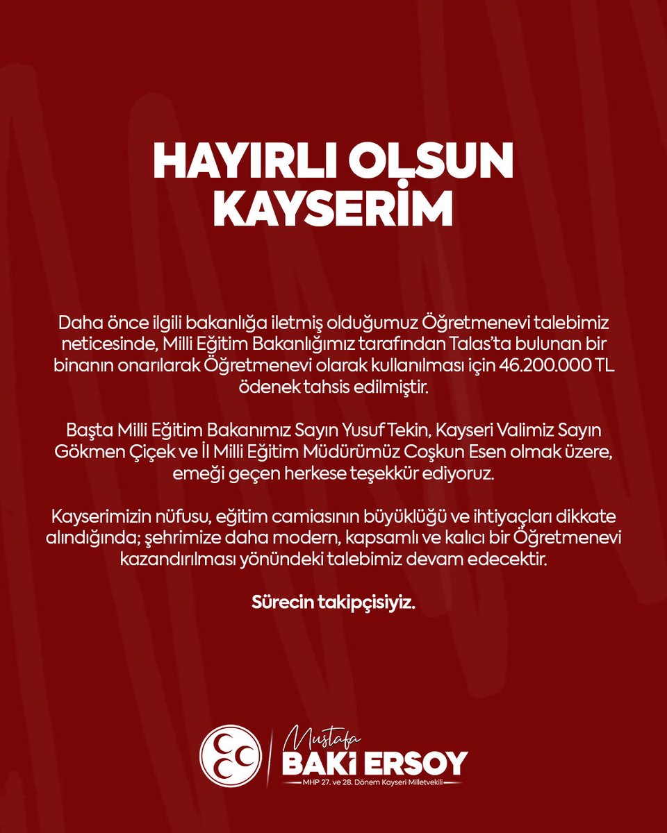 Hayırlı Olsun Kayserim

Daha önce ilgili bakanlığa iletmiş olduğumuz Öğretmenevi talebimiz neticesinde, Milli Eğitim Bakanlığımız tarafından Talas’ta bulunan bir binanın onarılarak Öğretmenevi olarak kullanılması için 46.200.000 TL ödenek tahsis edilmiştir.

Başta Milli Eğitim