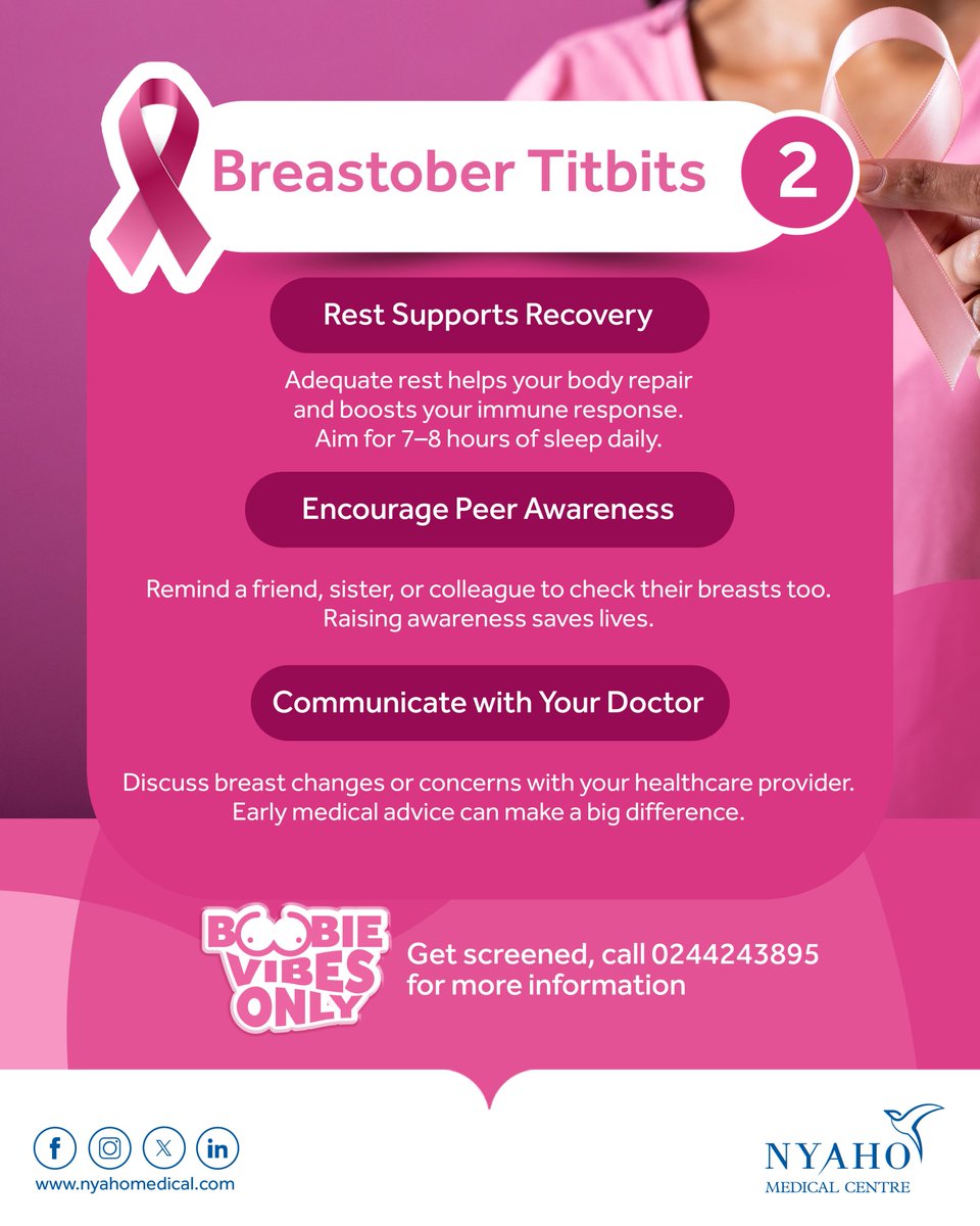 Your health deserves rest, support, and open conversations. Don’t hesitate to talk to your doctor about any changes.

Together, we can continue spreading #BoobieVibesOnly because awareness saves lives. 
📞 Call 0244243895 for more information.

#BreastCancerAwareness #Nyaho