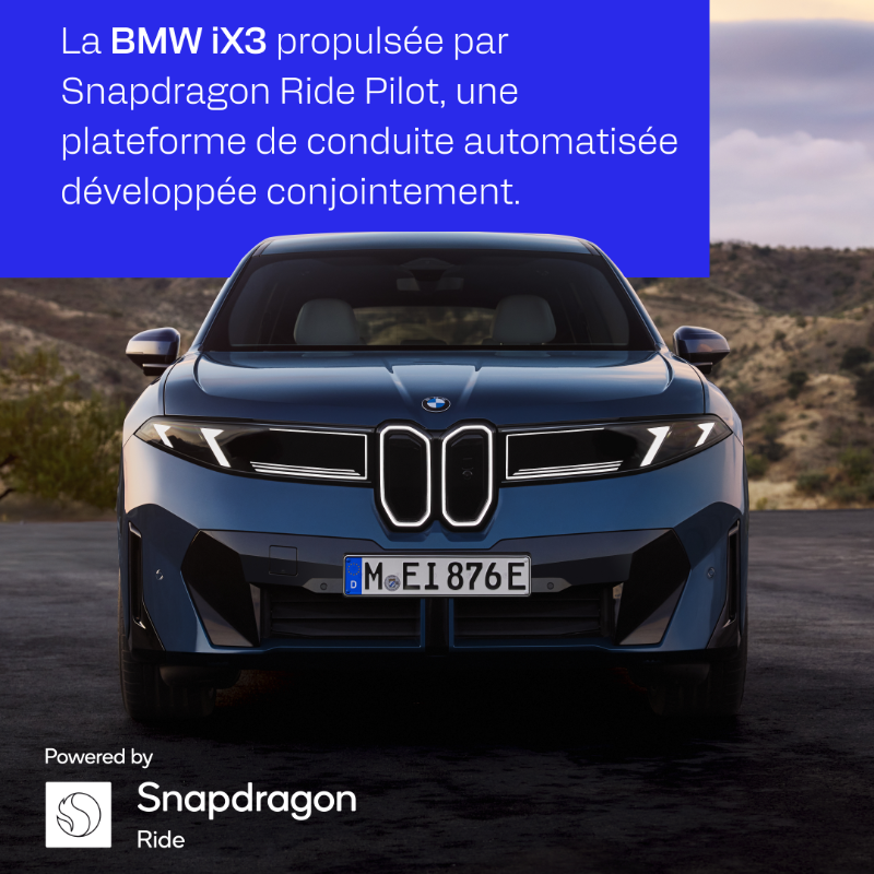 Qualcomm_FR's tweet photo. Développé en collaboration avec @BMWGroup, @Snapdragon Ride Pilot prend vie dans le nouveau BMW iX3.
Ce système offre une perception à 360 degrés, place la sécurité au premier plan et permet une conduite avancée, contextuellement intelligente.
Swipez pour en découvrir plus.