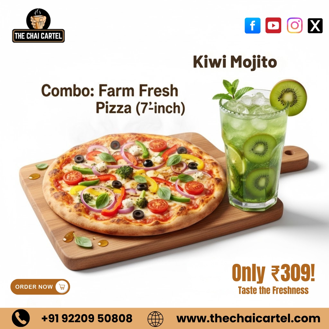 The_Chai_Cartel's tweet image. 🍕COMBO ALERT!💚
 Farm Fresh Pizza (7 inch) + Refreshing Kiwi Mojito — just ₹309!
Fresh ingredients, cheesy perfection &amp;amp; a cool twist of kiwi 
📍Available Now at The Chai Cartel
📞+91 92209 50808
🌐thechaicartel.com
#TheChaiCartel #ComboDeal #PizzaAndMojito #FarmFreshPizza