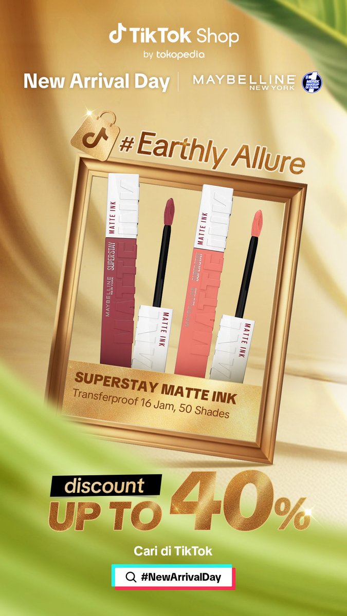 Hi, Bestie ✨ Maybelline SUPERSTAY MATTE INK lagi diskon sampai 40% di #NewArrivalDay TikTok Shop by Tokopedia! 50 warna, transferproof 16 jam. Langsung check out sekarang! 🛍️ #Maybelline #CumaMatteInkyangbisa #TikTokShop #NewArrivalDay 

vt.tokopedia.com/t/ZSHv33dLqkJK…