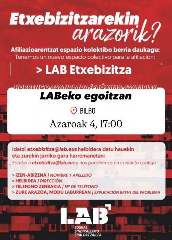 🔑 Afilizazioarentzat espazio kolektibo berria daukagu.

🏠 Etxebizitzarekin arazo bat baduzu  etorri gure asanbladara Azaroaren 4an, hurrengo asteartean gure Bilboko egoitzan