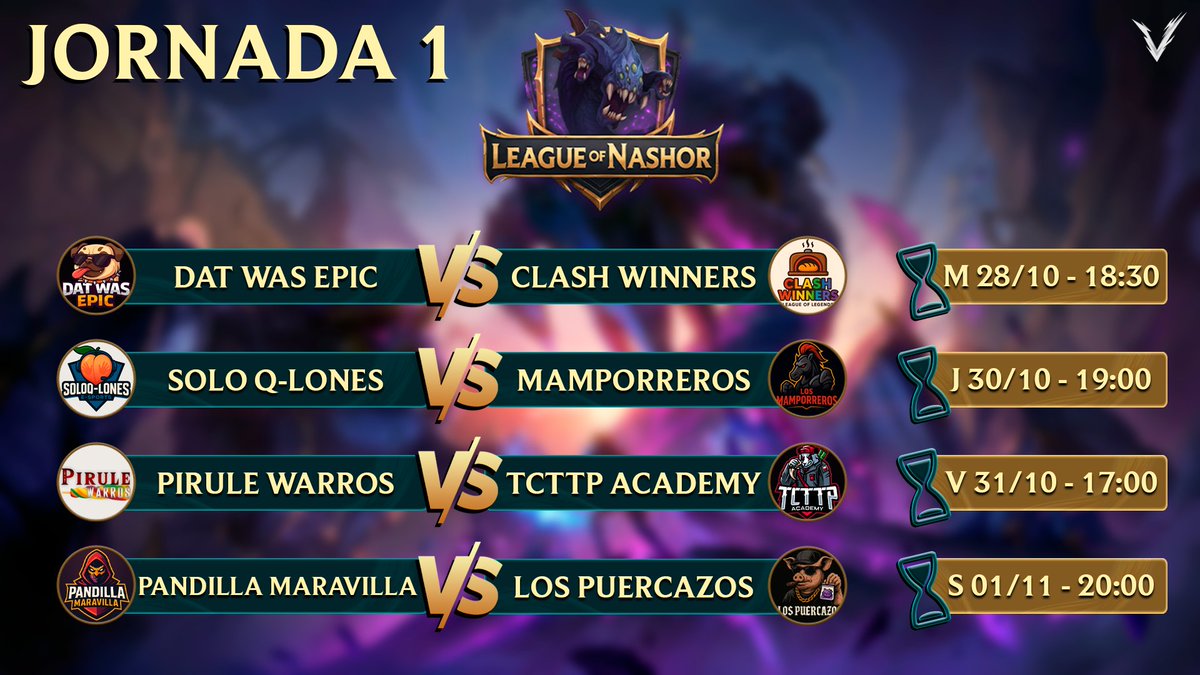EMPIEZA LA LON ⚔️

Os dejamos los enfrentamientos y calendario de la jornada 1 ! Hoy tenemos el primer enfrentamiento

🐶DatWasEpic vs Clash Winners 🥖
⌛A las 18:30 un Bo3

¿Quién creéis que alzará la primera victoria de LON?