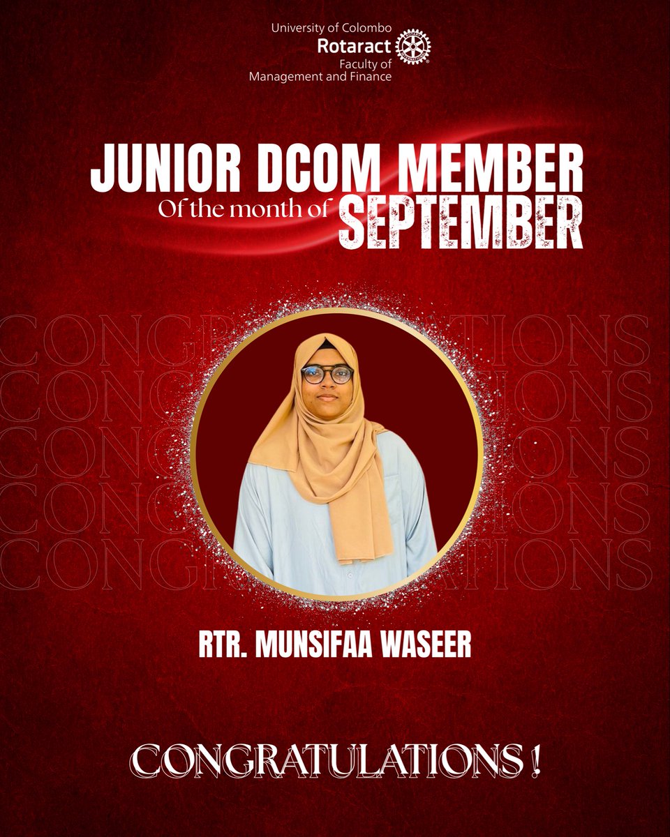 Cheers to our very own junior 
D-Com Member of the Month of September 🥳😎

Rtr. Munsifaa Waseer

Thank you for your outstanding service towards our club!❤ 

Keep Shining!✨