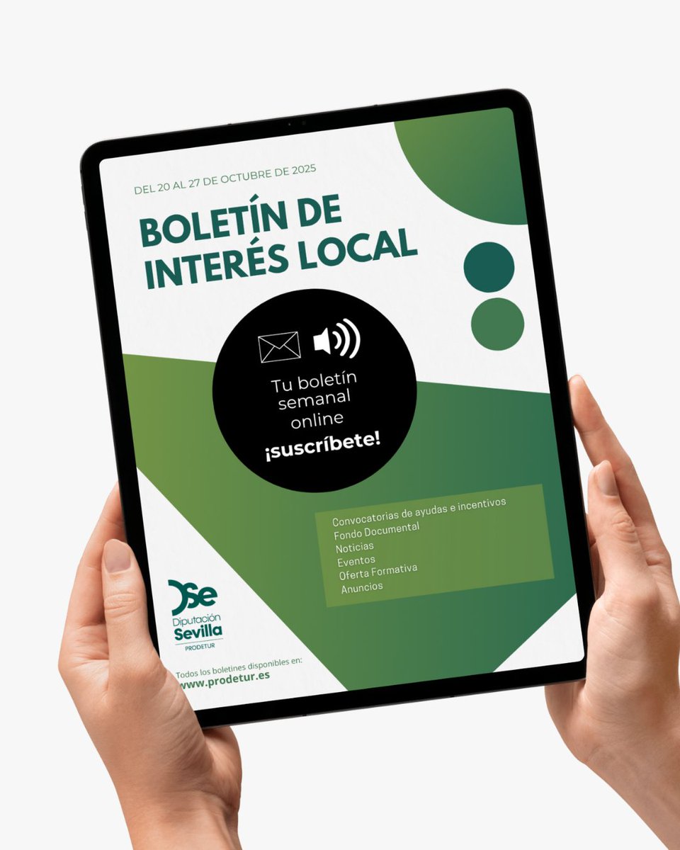 📌 Boletín 20 al 27 de octubre de 2025 ya disponible:
• Convocatorias de ayudas e incentivos
• Datos del IPC, hipotecas y compraventa de viviendas
• Oferta formativa y eventos destacados
🔗 Más información: f.mtr.cool/soogdfcvxm
 
#provinciadesevilla #prodetur