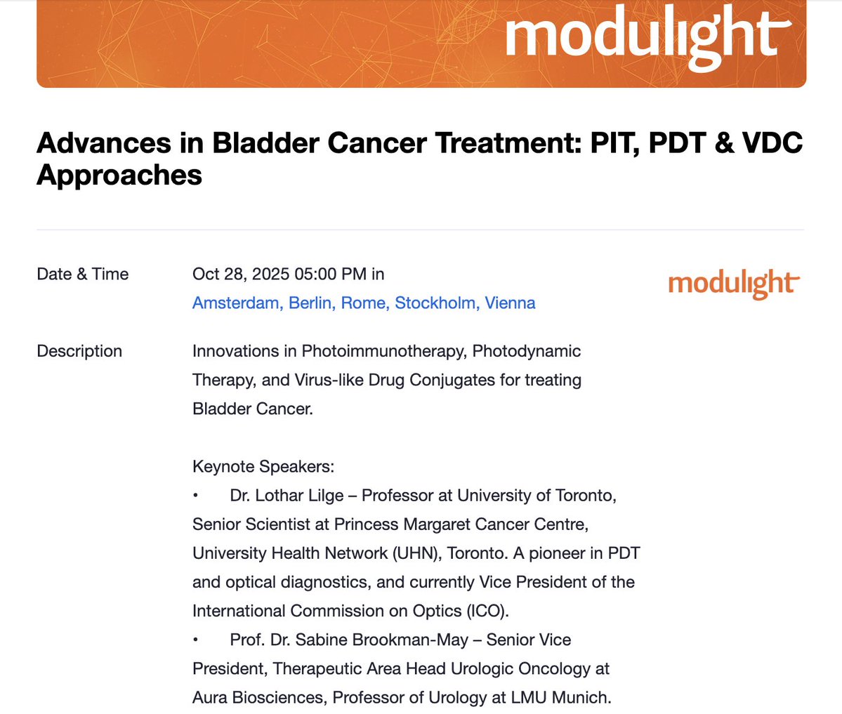 brookmans76's tweet image. If you are interested in new developments in photodynamic diagnostics/treatment and focal immunotherapy of #NMIBC with Virus-Drug-Conjugates #VDC #AU011 
➡️I'll talk today at 5 pm CET / 12 pm EST at this event: Advances in Bladder Cancer Treatment: PIT, PDT #PhotoImmunotherapy