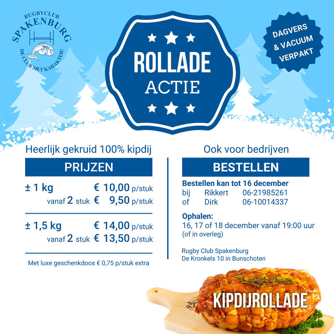Daar is hij weer! 🤩

De kerstrollade actie van Rugbyclub Spakenburg 🏉🍗🤤

Geef je bestelling weer op tijd door aan Dirk of Rikkert 👌🏻 

#kipdijrollade
#Kerstrolladeactie
#RugbyClubSpakenburg
#Bunschoten
#Spakenburg