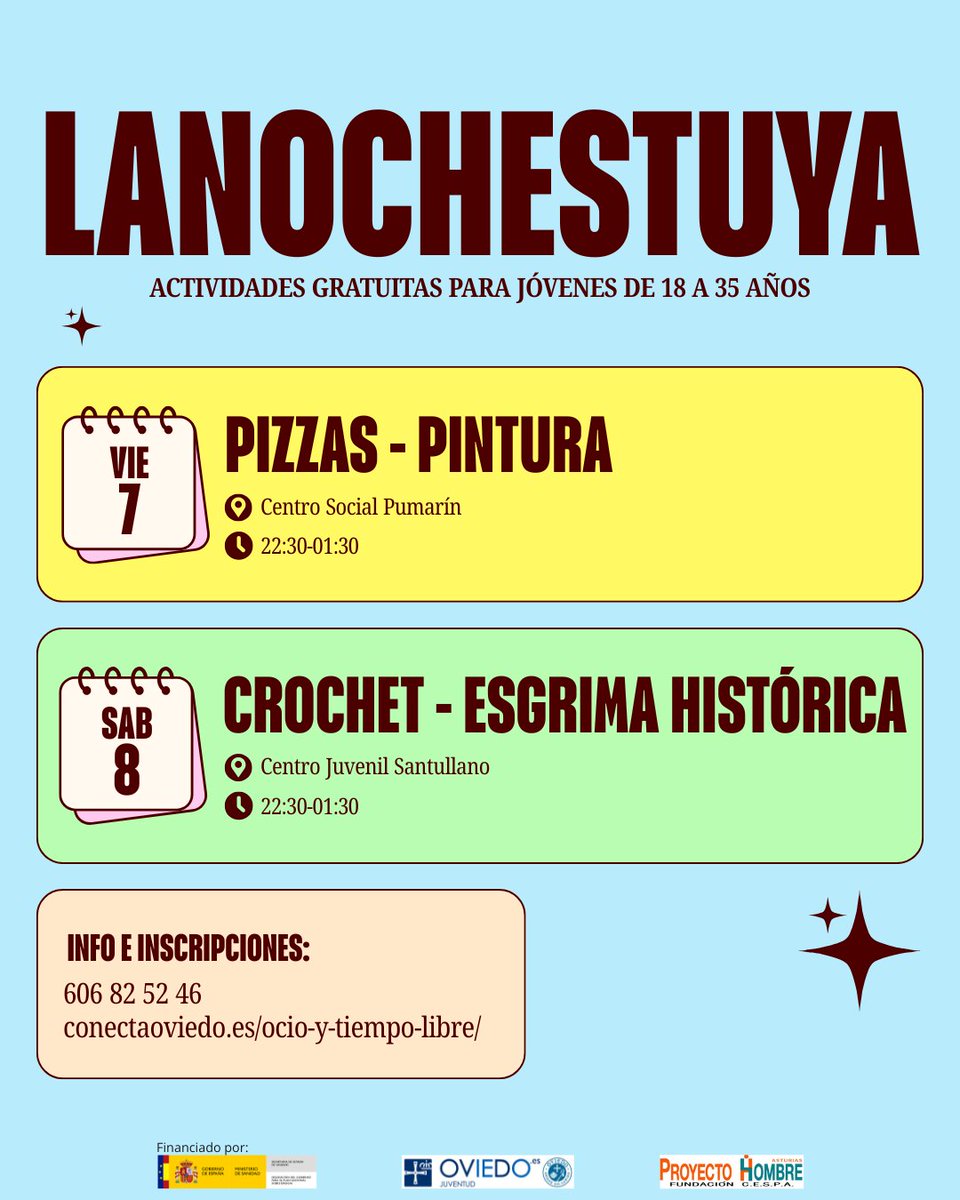 ¿7️⃣ finde de LNET? Pero si parece que empezamos ayer‼️

Queda este finde y otro, 8️⃣ actividades en total, para que vengas a conocernos y empezar a disfrutar del mejor ocio nocturno✨🌃
Entra en conectaoviedo.es/ocio-y-tiempo-… para inscribirte