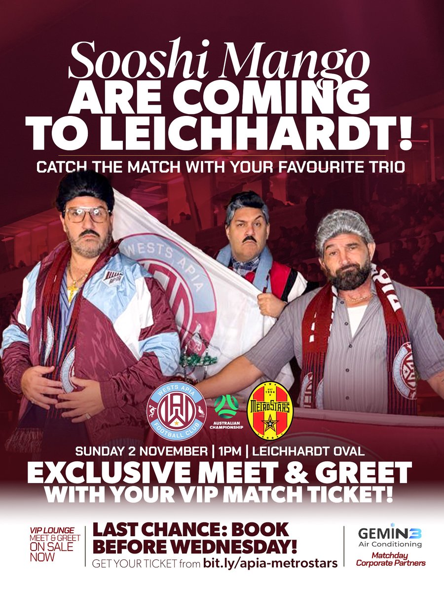 apialeichhardt's tweet photo. Everyone's favourite nostalgia-inducing comedy trio are heading to our match this Sunday against MetroStars! 🤩🇮🇹

And with your match ticket*, you can 𝙢𝙚𝙚𝙩 and enjoy the game with the hilarious group as our Australian Championship campaign returns to Leichhardt Oval 🏡 https://t.co/1qmU2qJRkh
