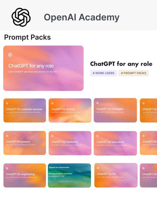 🚨BREAKING: OpenAI just released prompt packs for every job.

You can now access ready-to-use prompts:  

→ IT 
→ Sales 
→ Product 
→ Managers 
→ Marketing 
→ Engineers 
→ Executives 
→ Customer Success

(course link in comments)