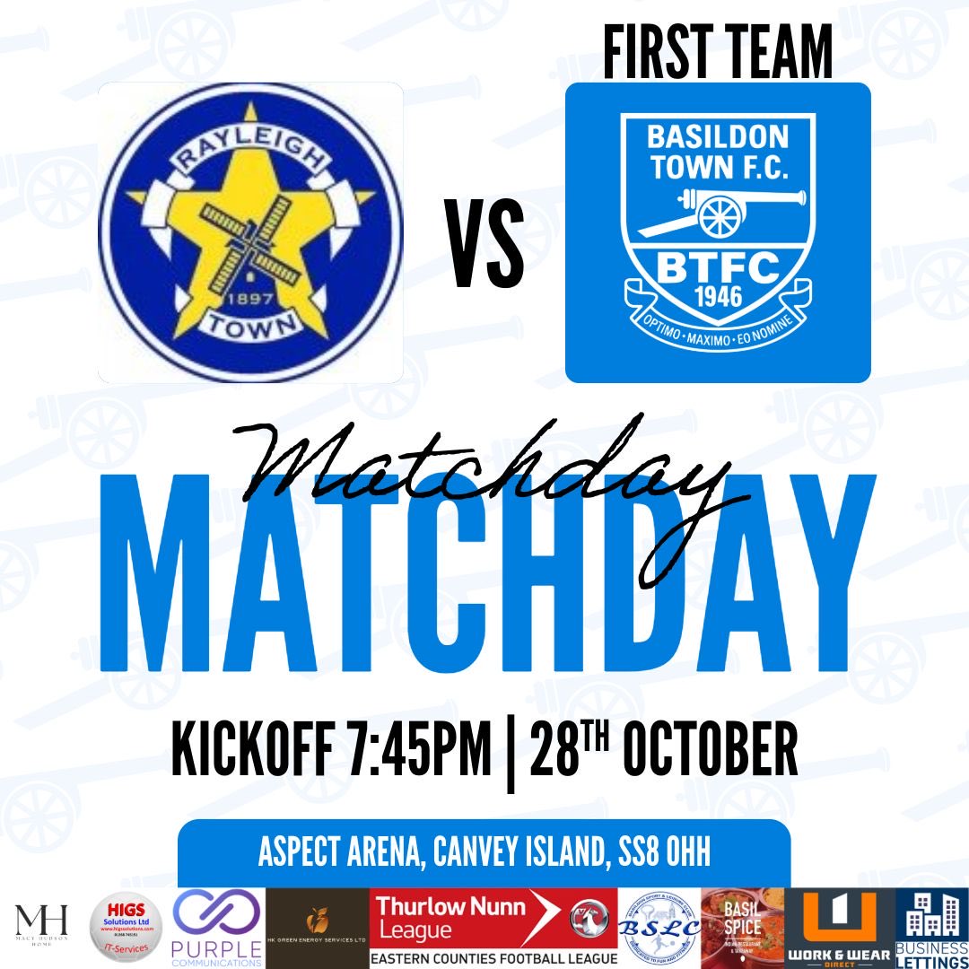 Game day! 
🆚 <a href="/RayleighTownFC1/">Rayleigh Town FC</a> 
🏆 Thurlow Nunn FDS
🗓️ Tuesday 28 0ctober
⏰ 7.45pm KO
🏟️ Aspect Arena, SS8 0HH
🎟️ £7 Adults, £5 Conc, 
🎫 U/16 Free