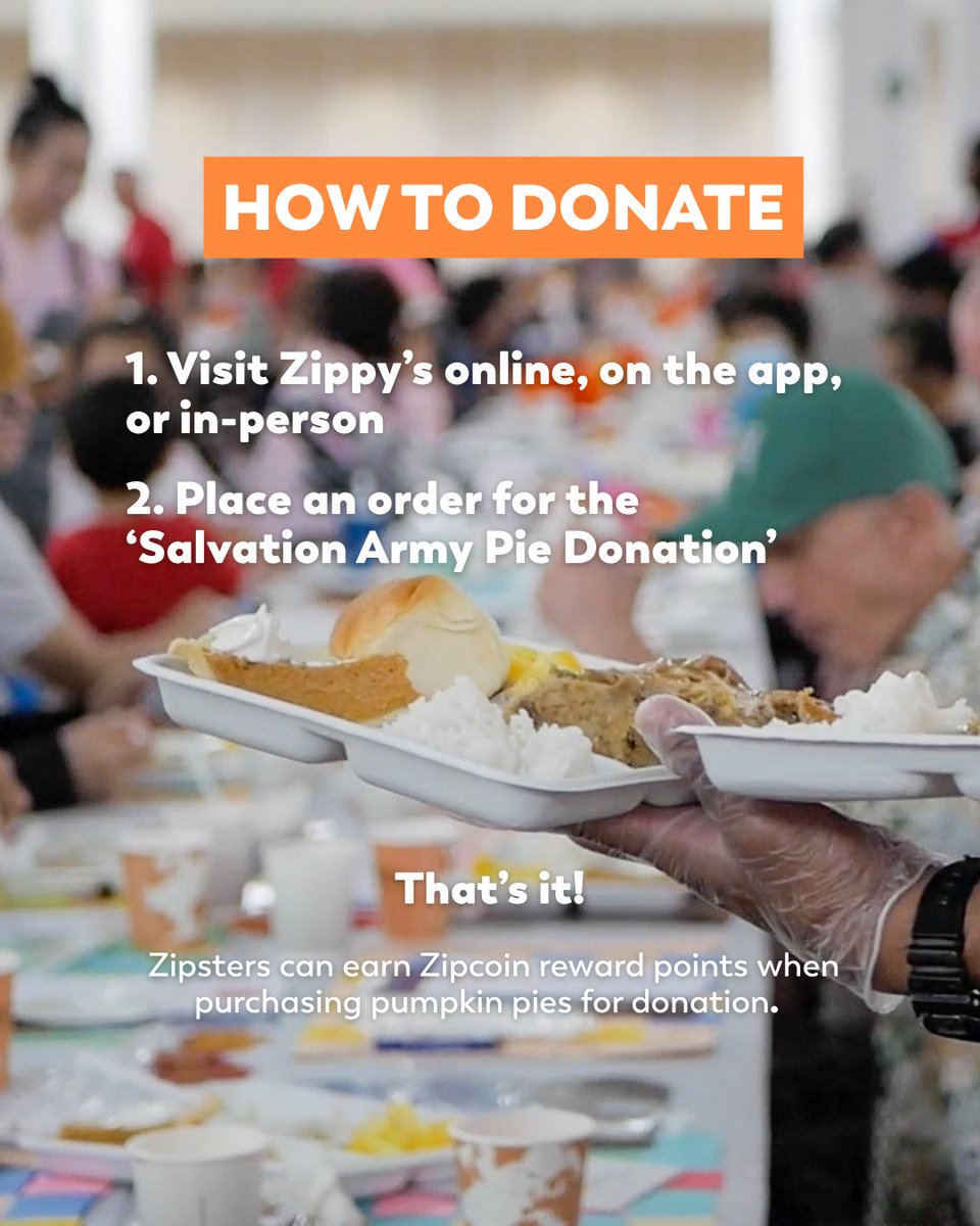 Zippys's tweet image. Buy a Pie, Give a Pie! 🥧 For over 15 years, Zippy’s guests have helped us donate pumpkin pies to The Salvation Army’s Annual Thanksgiving Dinner at the Blaisdell Center 🧡