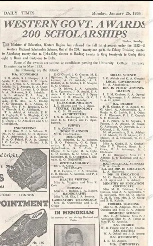 TheGreatestIFE's tweet photo. Chief Obafemi Awolowo's Western Region Government University Scholarship of 1952/53-1956.

= 200 Scholarships.

Beneficiaries by Divisions:
* Colony(Lagos Island), 21
* Abeokuta, 19
* Ijebu-Ode, 21
* Ibadan, 16
* Oyo, 20
* Ondo, 26,
* Benin, 38
* Delta, 31. https://t.co/Gz9J8nGl1w