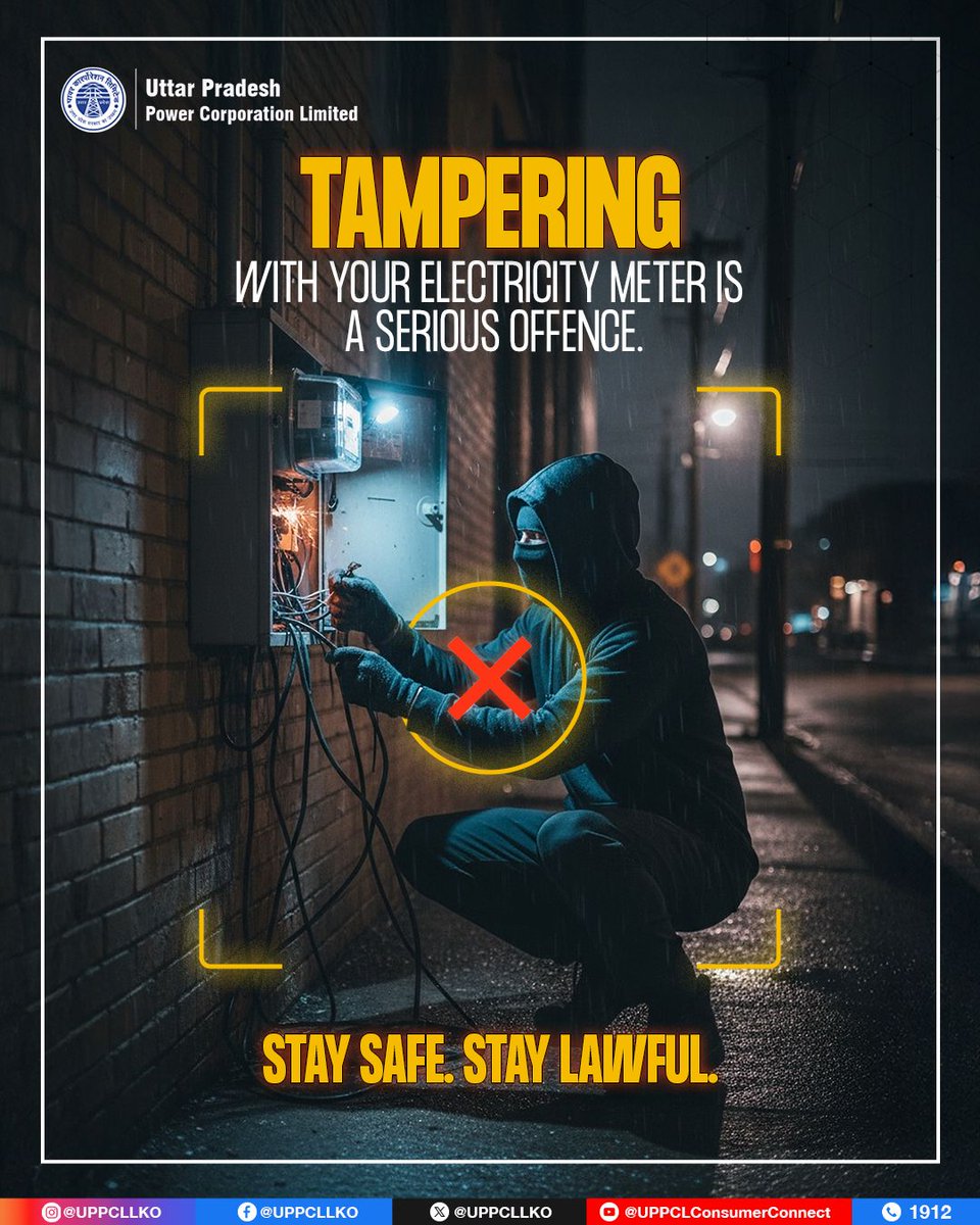 UPPCLLKO's tweet photo. Electricity theft through meter tampering harms everyone
Let’s use power responsibly and support a fair, reliable supply for all.
#UPPCL #PoweringUP
@CMOfficeUP
@EMofficeUP
@aksharmaBharat
@mduppcl https://t.co/Wbh1yRC23q