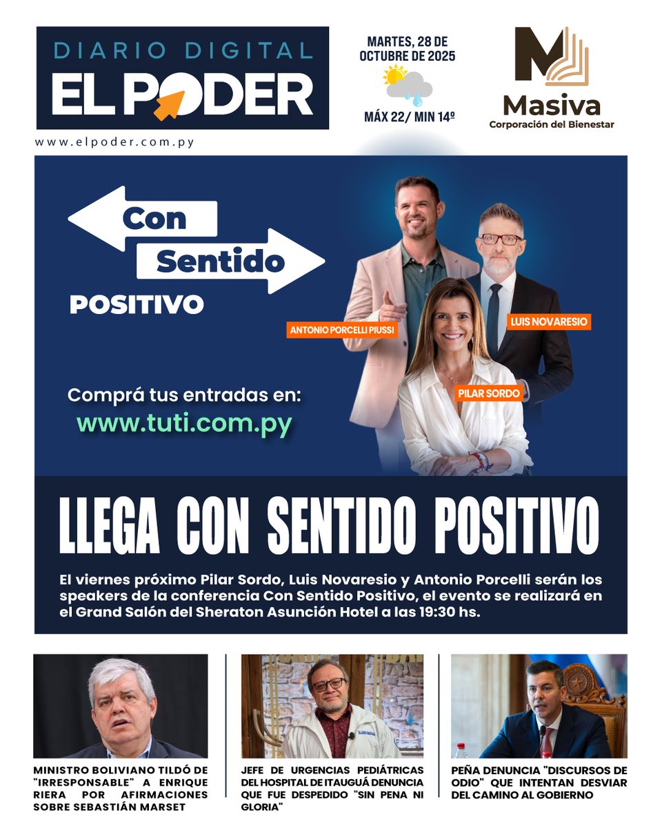 elpoderpy's tweet image. 📌 ¡Buenos días! Empezá tu jornada bien informado.
📰 Portada de nuestro diario #ElPoderPy del martes, 28 de octubre de 2025. 
🗞️ Te compartimos también los temas más destacados de los diarios nacionales. 
Seguinos en: 📲 Facebook 📲 Tik Tok 📲 X
#TapasDeDiarios #Noticias.