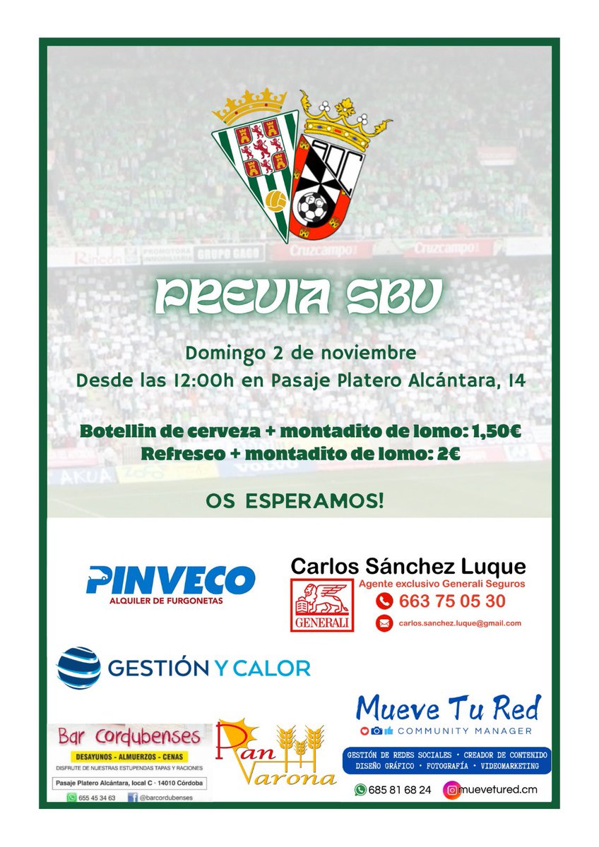 ⚪️🟢 𝐏𝐫𝐞𝐯𝐢𝐚 𝐒𝐁𝐕 ⚪️🟢

😎 El domingo volvemos! Pasa con nosotros las horas previas al encuentro contra el Ceuta.

📍 Pasaje Platero Alcántara, 14
⏰ 12:00h
🍻 Cervezas, refrescos, copas…
😋 Montadito de lomo con tu consumición

𝙊𝙎 𝙀𝙎𝙋𝙀𝙍𝘼𝙈𝙊𝙎 🙌🏻