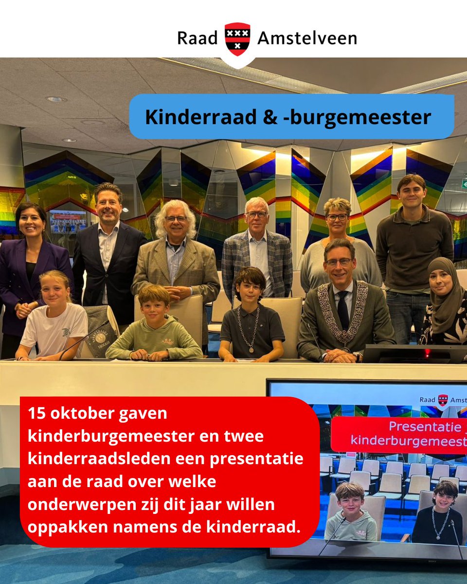 RaadAmstelveen's tweet image. 15 oktober gaven kinderburgemeester en twee kinderraadsleden een presentatie aan de raad over welke onderwerpen zij dit jaar willen oppakken namens de kinderraad.
