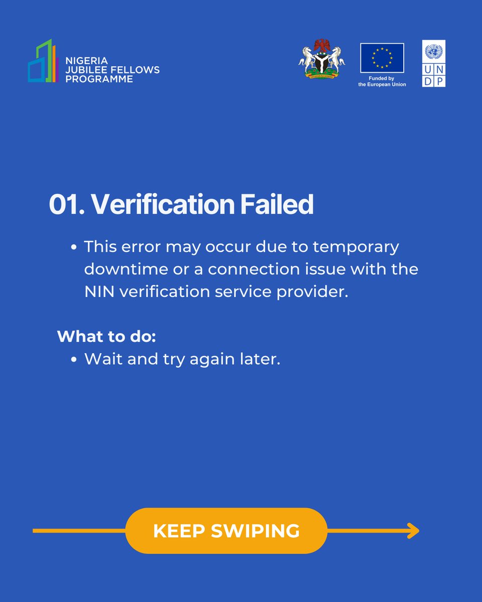 NigeriaJFP's tweet photo. Common Mistakes When Applying for NJFP 2.0 — And How to Fix Them

Here are three frequent error messages applicants face:
- Verification Failed – Usually caused by temporary issues with NIN verification service provider. Wait and try again later.

- NIN Mismatch or Invalid – Your application name must match your NIN record, including spelling.

- Not Eligible – You may be above the age limit, graduated before 2022, or a past NJFP fellow.

If you made an error, use the NJFP Self-Service Portal to correct it: https://t.co/JvLp16nClU

Note: You only get one chance to update your details. Use it wisely!

#NJFP #NJFP2_0 #ProudlyJubilee #JubileeFellows