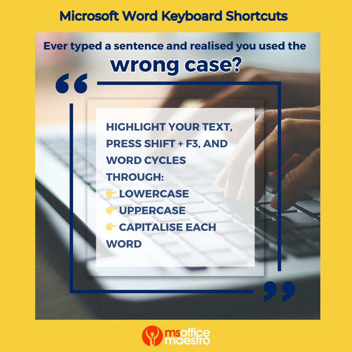 shelleyfishel's tweet image. ⌨️ Shortcut Spotlight: Shift + F3 in Word 💡
Typed in the wrong case? 🙈 Highlight text → press Shift + F3 to cycle through:
👉 lowercase
👉 UPPERCASE
👉 Capitalise Each Word
A tiny trick that saves loads of retyping time! 🚀
#MicrosoftWord #KeyboardShortcuts #Microsoft365